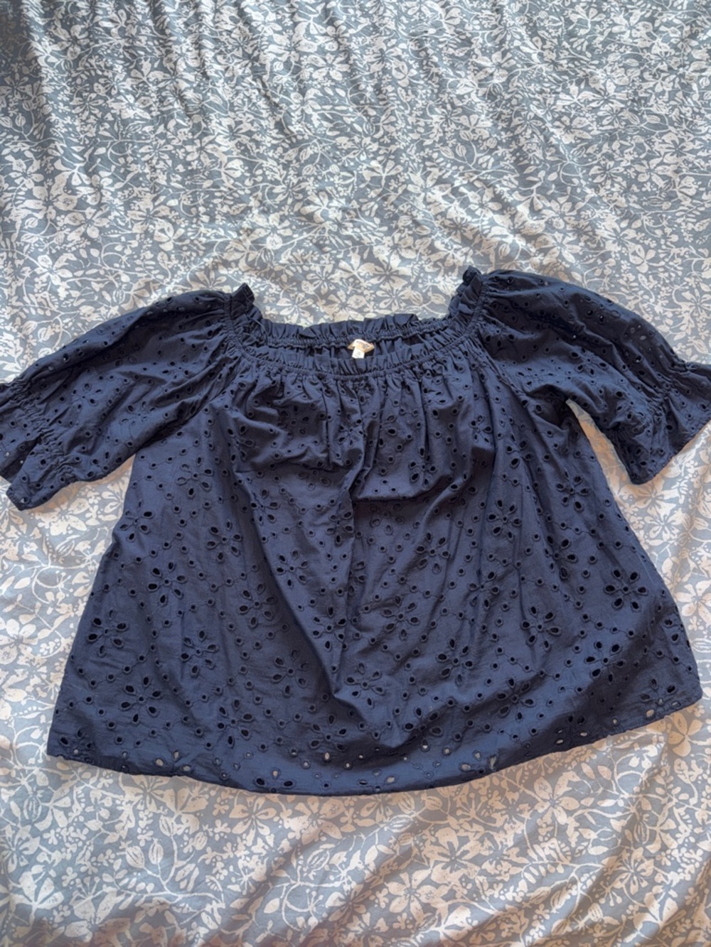 Terra & Sky Navy Eyelet Off-Shoulder Peasant Top
